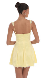 Satin Embroidered Fit and Flare Dress in Yellow
